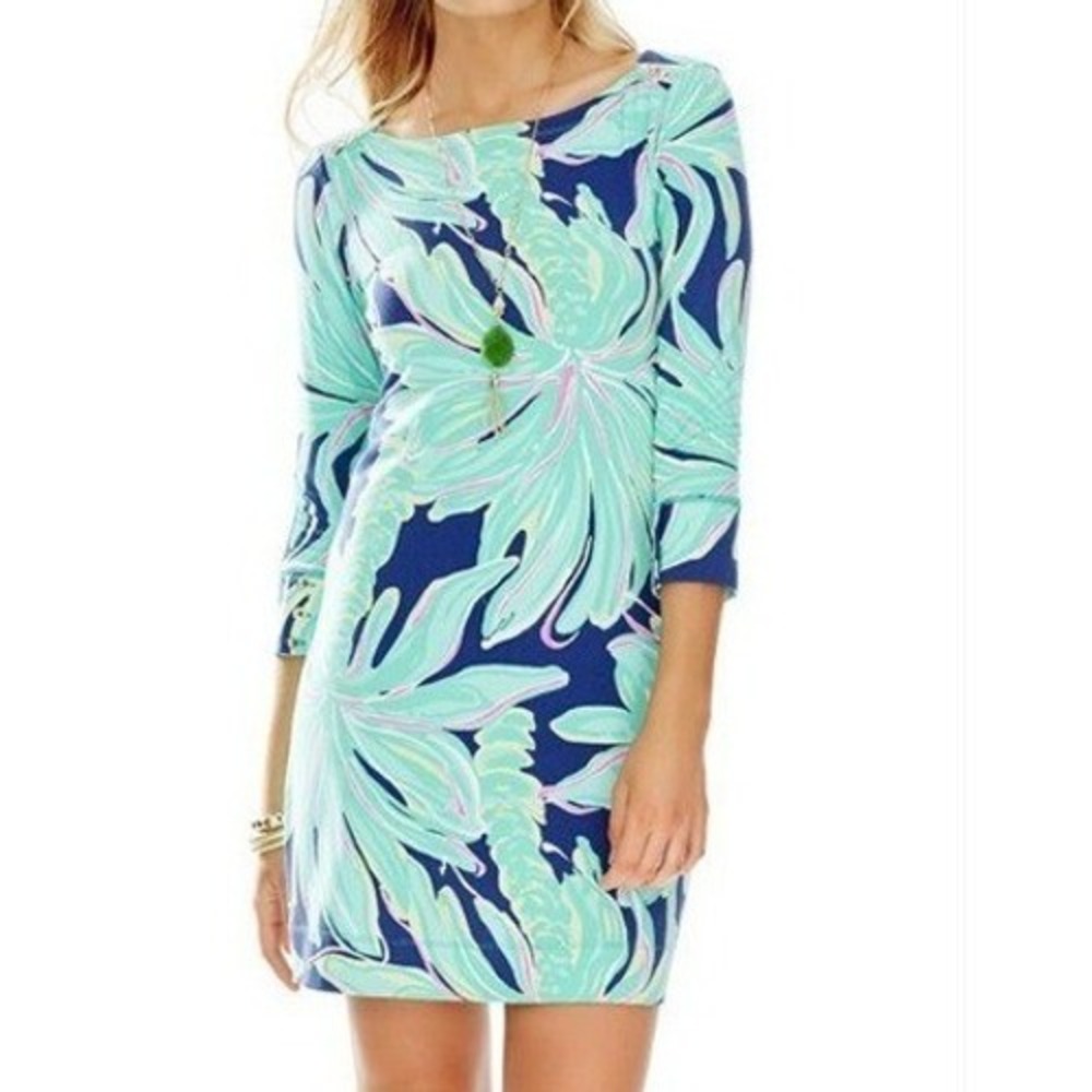 Lilly Pulitzer Sophie Tiger Palm Green Dress XS Navy Teal Tropical Button Shift